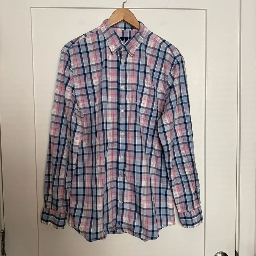 Johnnie O Shirt Mens L Blue Purple Plaid Button Down Long Sleeve Preppy Casual